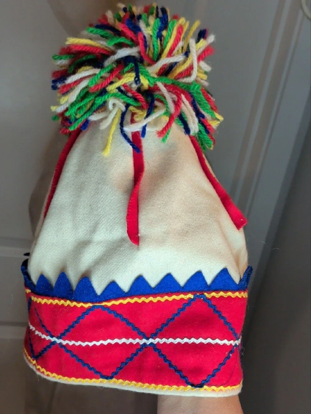 Vintage 60s Handmade Scandnavian Ski Cap Pom-pom Nordic Winter Wool  Sami Style